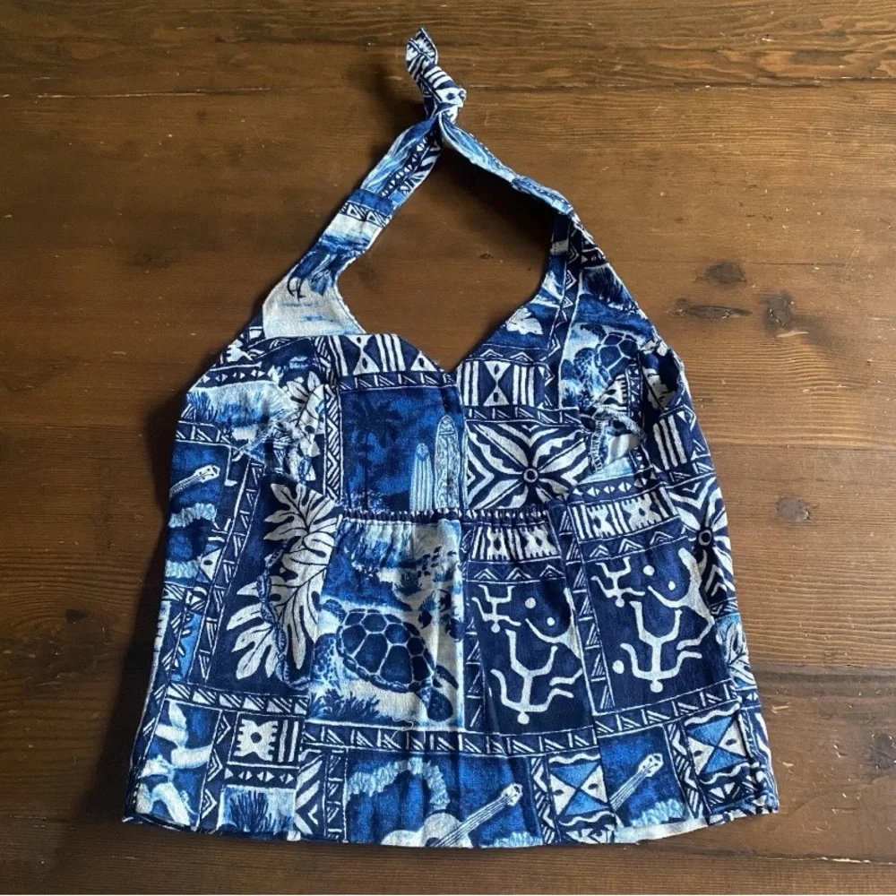 Vintage Hilo Hattie Women’s Hawaiian Blue White Cotton Halter Top Festival SMALL - Picture 2 of 10